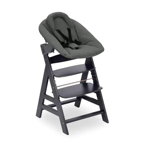 hauck Alpha Newborn Set Plus, Dark Grey - Babystuhl mit Premium Neugeborenenaufsatz ab Geburt, Mitwachsender Holzhochstuhl bis 90 kg Inklusive 5-Punkt-Gurt, Schrittgurt & Schutzbügel
