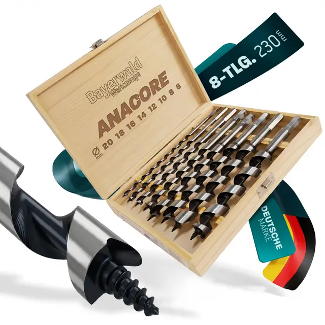 Holzbohrer Schlangenbohrer Set 8-tlg. – HCS Holzbohrer 230 mm lang Ø6-20 mm für tiefe Bohrungen Weich- & Hartholz – Bayerwald Werkzeuge ANACORE 8 - präzise Zentrierspitze, 6kant Schaft Holzkoffer