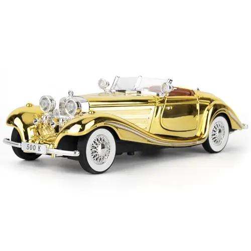 imtfzct Benz 500K Classic Retro-Modellauto im Maßstab 1:24 aus Druckgusslegierung mit Sound- und Licht-Effekten und Pull-Back-Funktion – die ideale Wahl für Autoliebhaber und Sammler Gold
