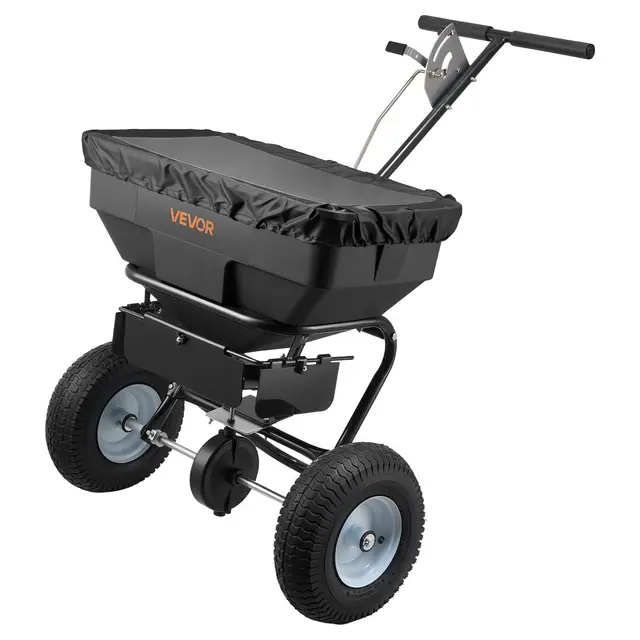 VEVOR Streuwagen, 59 kg Fassungsvermögen, Düngerstreuer 0-3,66 m Streubreite, Saatgutstreuer mit 33 cm Luftreifen, Einstellbarer Durchflussmenge, Schleuderstreuer für Dünger, Saatgut & Streusalz