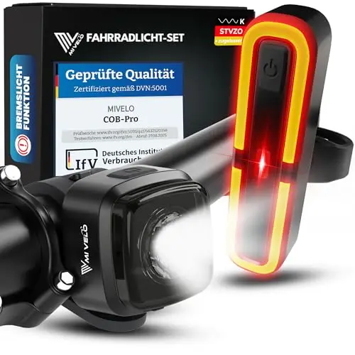 MIVELO Fahrradlicht Set mit Bremsanzeige - Fahrradlampe LED StVZO, IPX5 wasserdicht - Fahrradbeleuchtung vorne & hinten USB aufladbar - Fahrrad Frontlicht & Rücklicht mit Akku