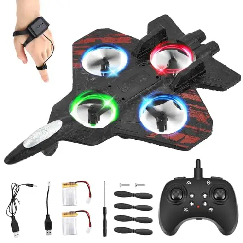 Ferngesteuertes Flugzeug, 2-in-1 Steuerung-Fernbedienung & Armband, RC Flugzeug 360° Rotation, 3 Geschwindigkeiten, mit LED Licht und Ersatzpropeller, Outdoor Flugzeug für Kinder (Rot)