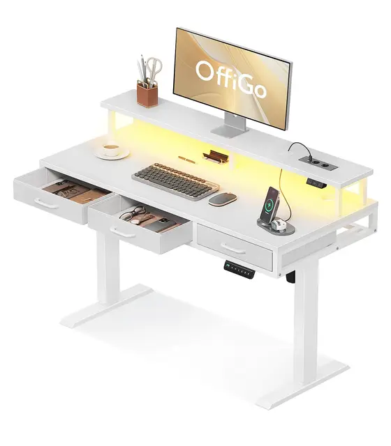 OffiGo Höhenverstellbarer Schreibtisch mit Monitorständer, 120cm Elektrischer Schreibtisch mit Schubladen, Standing Desk mit Steckdosen und Lichtleiste, Tisch Höhenverstellbar Bürotisch, Weiß
