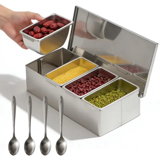 BORDEAG Multi Zutatenbehälter, Gewürzbox Aus Edelstahl Mit 4 Fächern, Zutatenspender Edelstahls, Pizza Station Station Edelstahl, Für Küche Und Gastronomie(450ml/Gitter)