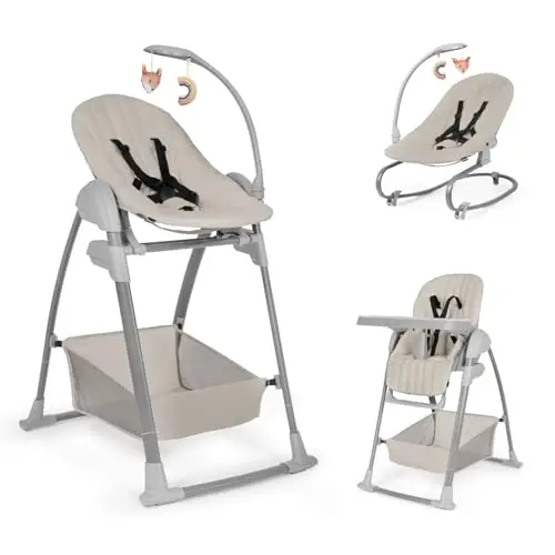 hauck Sit N Relax 3in1, Beige - Mitwachsender Hochstuhl ab Geburt bis 15 kg, mit Neugeborenenaufsatz, Babywippe, Spielbogen, Essbrett, Räder & Korb, Höhenverstellbar, Faltbar, Leicht Abwischbar