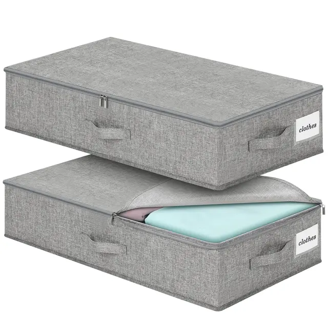 Cozary 2 Stück Unterbett Aufbewahrungsbox Stabil, Faltbare Aufbewahrungsboxen mit Deckel, 3 Griffen & Doppelreißverschluss, 76 x 38 x 17cm, Platzsparend Unterbettbox, Für Kleidung, Steppdecken, Grau