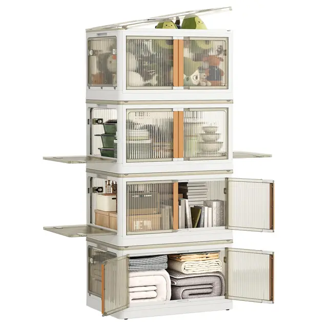 NETEL Aufbewahrungsbox mit Deckel, 116L 4 Stück Boxen Aufbewahrung, Stapelboxen, Plastikbox mit Deckel, Faltbare Aufbewahrungsboxen mit Tür und Rollen, 5 Seiten sind zu öffnen, Transparent und Stabil.
