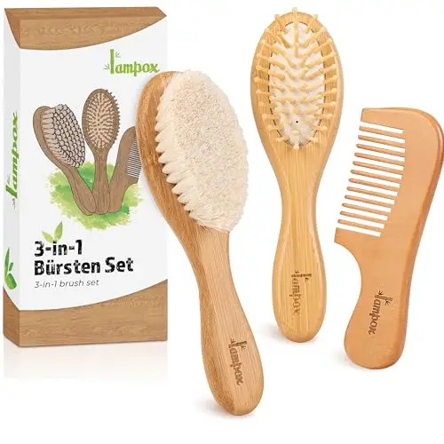 lampox - Baby Haarbürste und Baby Kamm Set - Natürliche Holz Babyhaar Haarbürste mit weichen Ziegenborsten - weich Baby Bürste für Säuglinge Kleinkinder - Haarbürste Baby Set