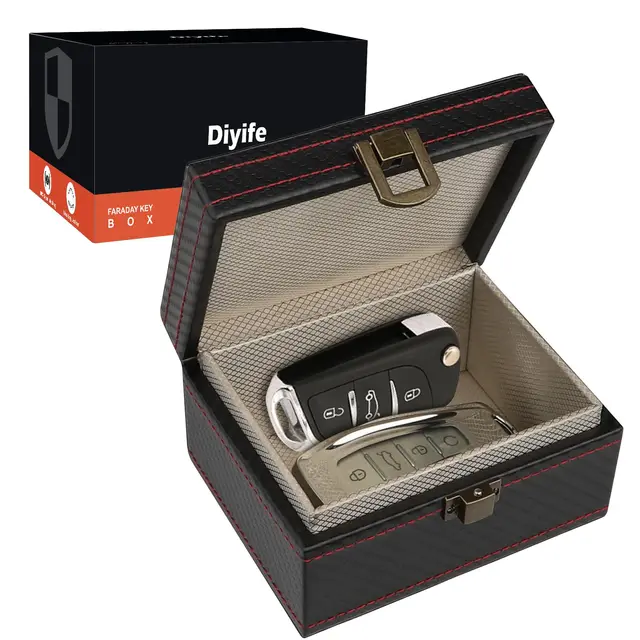 Diyife Autoschlüssel Faraday Box, Keyless Go Schutz Autoschlüssel Box, Premium Leder Anti-Diebstahl Schutz RFID Signal Blocking Box, 117 x 92 x 64 mm