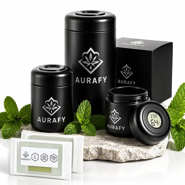 Stash Jar mit Hygrometer-Deckel – UV-Glas, luftdicht & geruchsdicht zur Aufbewahrung von Kräutern & Gewürzen – Inklusive 2 Stück 62% RH 2-Wege-Feuchtigkeitskontrollpacks (250 ML)