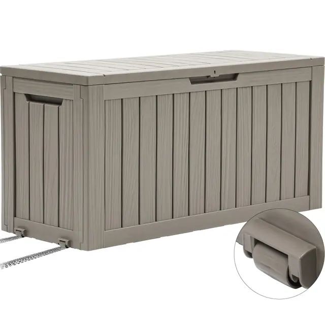 YITAHOME Outdoor-Aufbewahrungsbox mit Rollen, 270L Kunststoff-Gartenbox, Wetterfeste Aufbewahrungskiste für Kissen, Werkzeug & Poolzubehör, Abschließbar, Holzoptik, 114,7 x 46,5 x 57,6 cm, Hellbraun