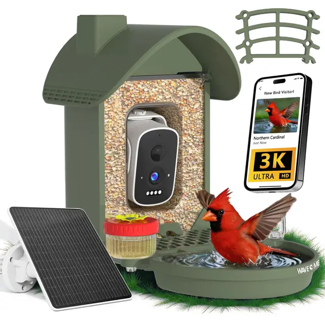Vogelhaus mit Kamera, 3K Smart Vogelhäuschen mit KI-Vogelerkennung & Vogeltränke, Solarbetrieben Vogelbeobachtung Kamera mit Edelstahlkabel & Futter-Schutznetz, Outdoor Garten Geschenk