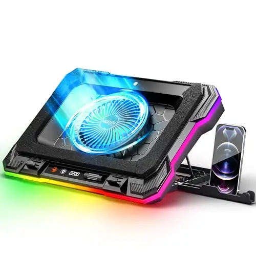Laptop Kühlkissen Leistungsstarker Turbolüfter RGB Gaming Notebook Kühler MOOJAY Laptop Lüfter Kühlständer mit 8 Höhenverstellbar und Handyständer, für 14-19 Zoll Laptop - Eisblau LED Licht