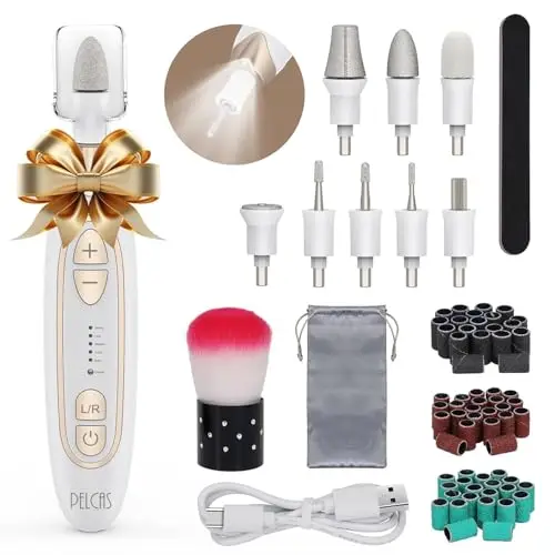 PELCAS Nagelfräser für dicke Fußnägel, 45.000 U/min Kabellos Nagelfeile mit LED-Licht & 5 Stufen, Maniküre- & Pediküre-Set mit 8 hochwertigen Nagelpflege-Aufsätzen für Gelnägel, Acryl & Naturnägel