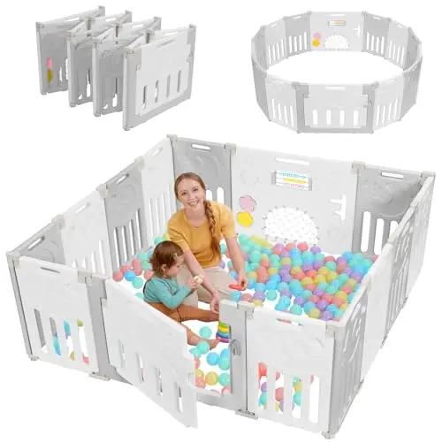 Dripex Laufstall Baby Faltbar, Großes Laufgitter Baby mit verstellbarer Form, Playpen & Laufgitter & -ställe, Erweiterbar mit Tür und Spielbrett für Innen/Außen (14 Panels/150x150cm/GrauWeiß)