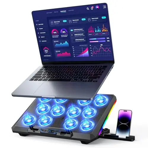 Laptop Kühlpad für 12-17,3 Zoll, leistungsstarke 12 leise Lüfter, schnelle Kühlung, ergonomischer Notebook Cooler Ständer, 5 höhenverstellbar, 2 USB-Anschlüsse, Telefonhalter (LCD)