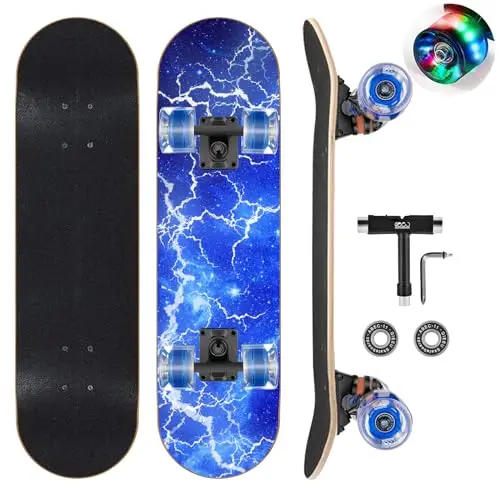 Skateboards mit bunten blinkenden Rädern für Anfänger, Kinder, Teenager, Erwachsene, komplettes Standard-Skateboards, 9 Schichten Ahorn-Deck, konkaves Skateboard