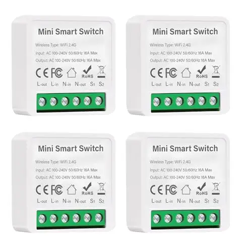 4 Stück Smart Lichtschalter, Smarthome Lichtschalter Kompatibel mit Alexa, Tuya App und Google Home, Mini Wlan Smarter Lichtschalter, Neutralleiter Erforderlich, Passt Hinter Wandschalter