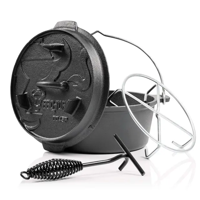 BBQ-Toro Dutch Oven Premium Serie | 4,2 Liter (DO45P), Topf ohne Füße | bereits eingebrannt - preseasoned | Verschiedene Größen | Gusseisen Kochtopf | Bräter mit Deckelheber