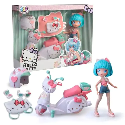 4SF - Hello Kitty Pretty Pink Scooter, Japanische Fashion Puppe mit Motorrad, Figur von 19,5 cm mit 15 Gelenkpunkten, Inklusive Helm und Tasche, Trägt EIN Top mit Mikroschorts, Famosa (HKTF3000)