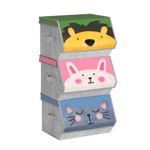 SONGMICS Aufbewahrungsboxen, 3er Set, Faltboxen, Stoffboxen mit Griffen, Organizer, magnetischer Deckel, für Kinderzimmer, Spielzimmer, Tier-Motive, rosa, blau, grün und grau RFB760P01