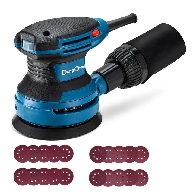 DongCheng Exzenterschleifer 380W, 125mm Schleifmaschine, 6-stufig 8.000-12.800 U/min, vibrationsarm, mit Staubfangbehälter & Staubsaugeranschluss, inkl. 20 Schleifblättern (versch. Körnungen) für Holz