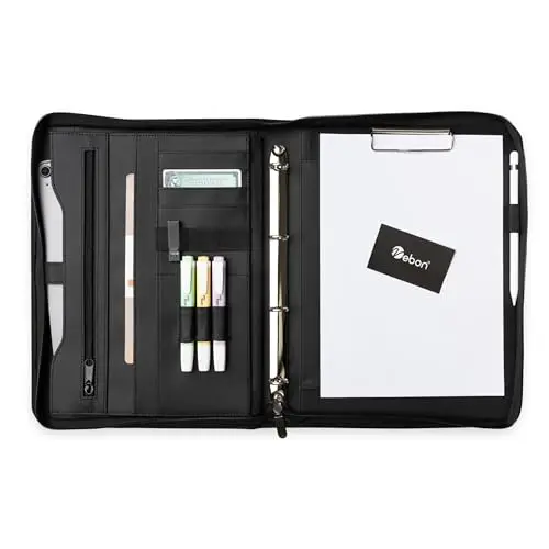Vebon® Schreibmappe Ringbuch A4 "Berlin" I Reißverschluss + Klemmbrett I Konferenzmappe + Laptoptasche I extra Stauraum I Schwarz I Kunstleder