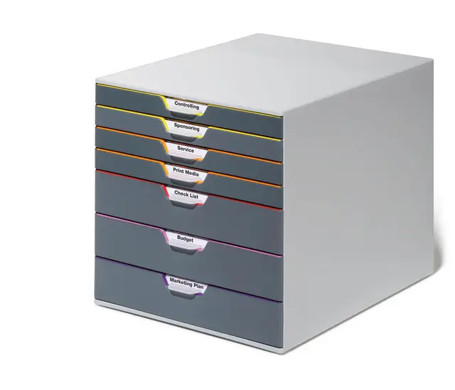 Durable Schubladenbox A4 (Varicolor) 7 Fächer, Ablagebox, mit Etiketten zur Beschriftung, Büro organizer mit Schubladen, mehrfarbig, 760727