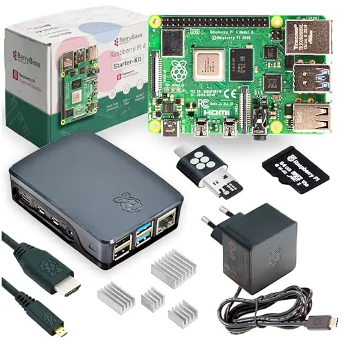 Raspberry Pi 4 Starterkit (4 GB RAM) Komplett-Set von BerryBase, MicroSD-Karte mit Raspberry Pi OS, offizielles Gehäuse, 15W USB-C Netzteil, Micro-HDMI-Kabel, Kühlkörperset