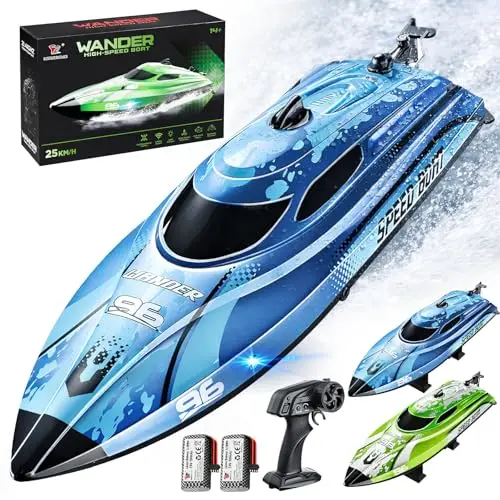 YESHIN RC Boot 25 km/h, 2,4 GHz High Speed Ferngesteuertes Boot mit LED, 2 Batterien, Wasserdicht & Kentersicher, Überdruck Erinnerung, Geeignet für Pool Seen, Geschenk für Kinder & Erwachsene (Blau)