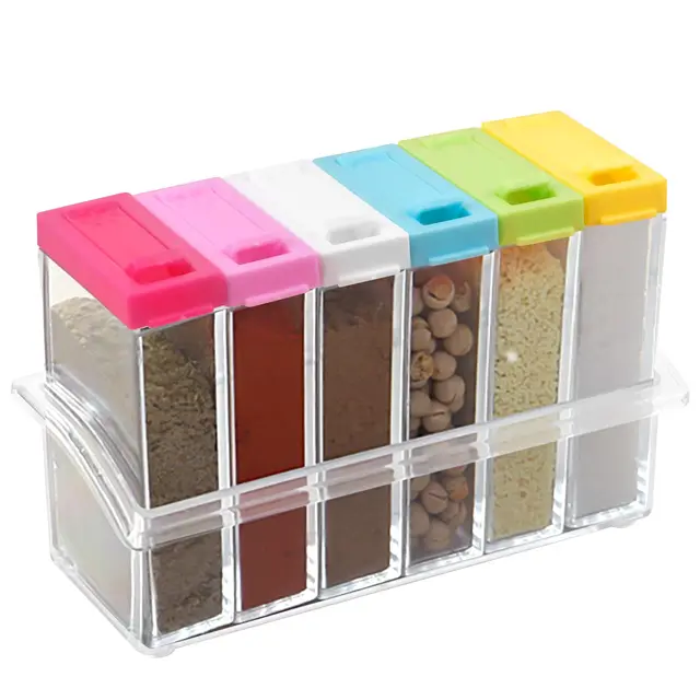 6er Set Gewürzbox aus Kunststoff, Transparente Gewürzdose mit Tablett, BPA-Freiem Kunststoff Camping Gewürzbox, Küche Salz- und Pfefferstreuer Gewürzdosen für Aufbewahrung Gewürze (Bunt)