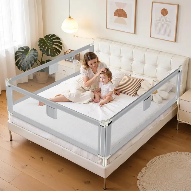 Bettgitter Rausfallschutz 2X 200cm+1x 180cm, Kinderbettgitter Höhenverstellbar 64-96cm, Bettschutzgitter für Kleinkinder, Babybettgitter mit Luftiges Netz -Grau