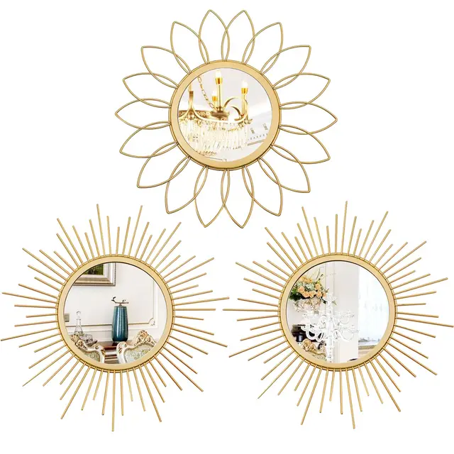 Uaussi Wandspiegel, goldfarben, 3 Stück, Metall, Sonneneffekt, Wanddekoration, zum Aufhängen, für Wohnzimmer, Schlafzimmer, Eingangsbereich