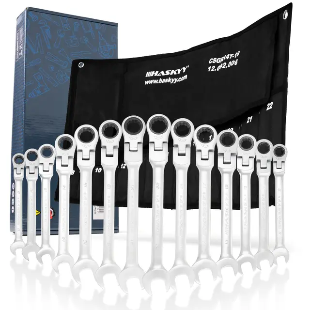 HASKYY Gelenk-Ratschenringschlüssel Set 14 tlg 8–22 mm – Ring Maulschlüssel Set, Ratschenmaulschlüssel & Gabelschlüssel Ratsche aus Chrom-Vanadium-Stahl