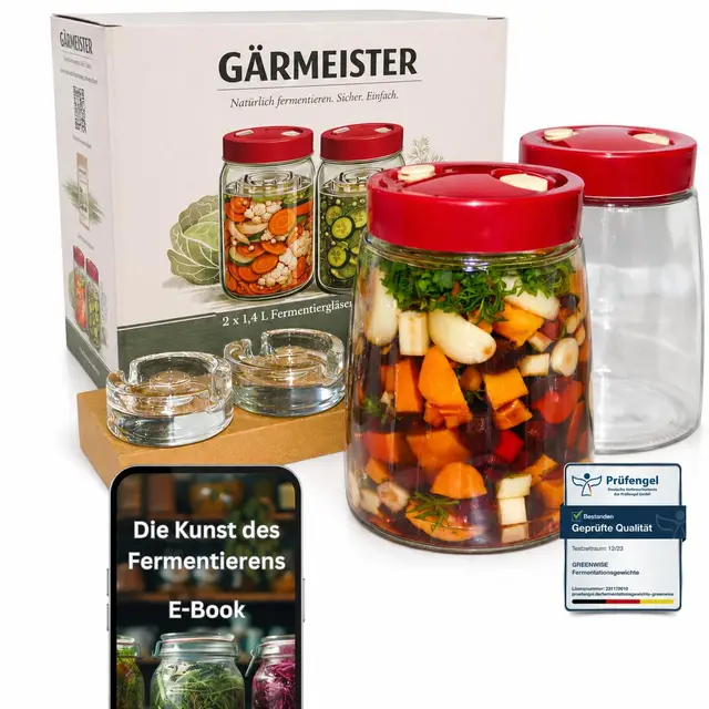 GÄRMEISTER Fermentierglas Set 2er – je 1,4 L mit Gärventil & Deckel – inkl. 2 Fermentiergewichte + 7-teiliger Videokurs – Einmachgläser Fermentieren von Gemüse, Sauerkraut & Kimchi –
