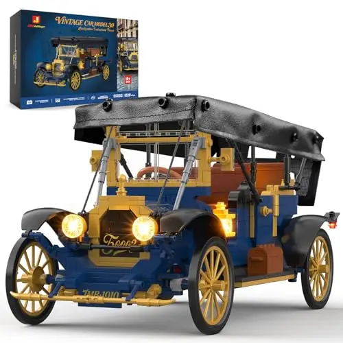 JMBricklayer Vintage Auto Klemmbausteine Erwachsene mit Licht, 50003 Retro Modellbau mit Leder-Faltverdeck, Oldtimer Car Sammler Ausstellungsset, Bausteine Geschenke für Fans Antik Fahrzeuge 14+