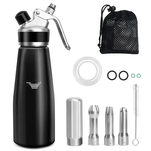 Sahnesyphon 500ml Geschenk für Männer und Frauen, mit 3 Edelstahl-Dekodüsen, 4 Injektor-Tipps Reinigungsbürste für Schlagsahne, Cremes & Desserts