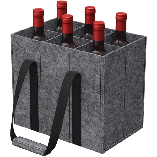Lifewit Flaschentasche, Stabil Filz Flaschenträger mit Griff, Faltbare Flaschenkorb Wohnmobil für Wein, Getränke, Weinflaschen, Bottle, Grau, Für 6 Flaschen, 1 Stück