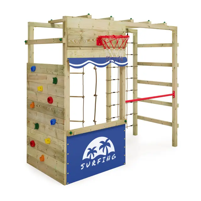 WICKEY Klettergerüst Outdoor Spielturm Smart Action mit Blauer Plane, Spielgerät mit Kletterwand, Basketballkorb & Spiel-Zubehör für Kinder im Garten aus Holz