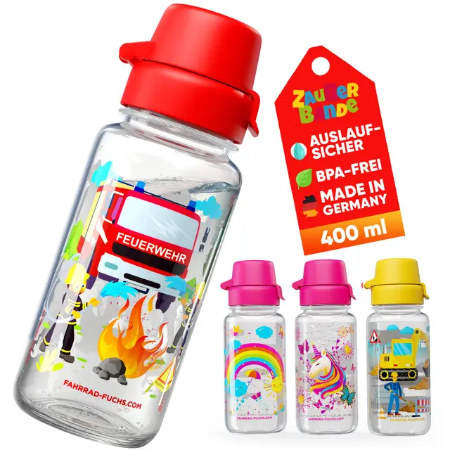 Trinkflasche Kinder auslaufsicher – Feuerwehr – 400 ml – Kinder Trinkflasche Kohlensäure geeignet, BPA frei aus Tritan, spülmaschinenfest, Easy-Clean – für Kindergarten und Schule