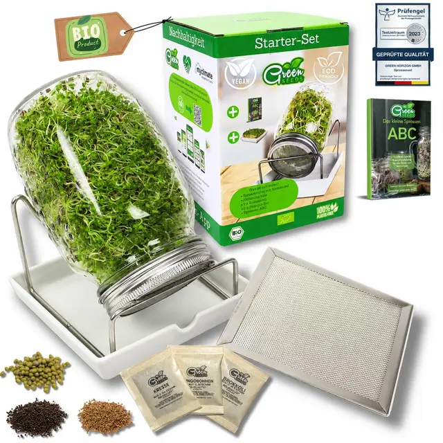 Green SEEDS® [Das Original Sprossenglas Starter-Set + KRESSESIEB | 1000ml mit hochwertigem Edelstahl-Gitterdeckel, Ständer, Keramikschale + Sprossen-ABC [Druckversion] Keimglas Anzuchtschale