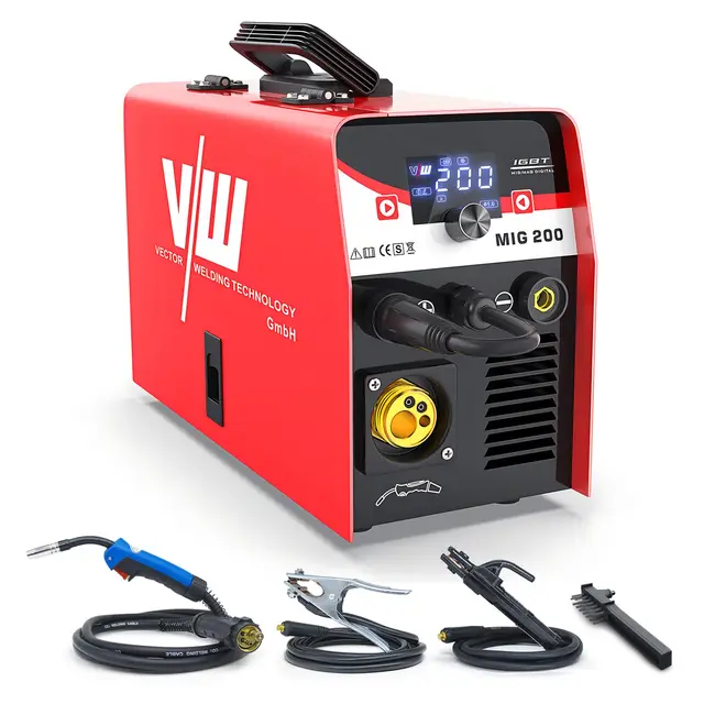 VECTOR WELDING MIG Schweißgerät 200 A Set, Fülldraht Schweissgerät, Elektrodenschweißgerät 30-200A Kombigerät mit MCU, IGBT, Digitales Display, für Schweißen mit und ohne Gas