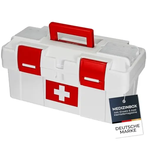 HMF Erste Hilfe Kasten zur Medikamenten Aufbewahrung, Medizinbox leer für Sportverein, Betrieb oder Zuhause | 37 x 20 x 18,5 cm | Weiß-Rot