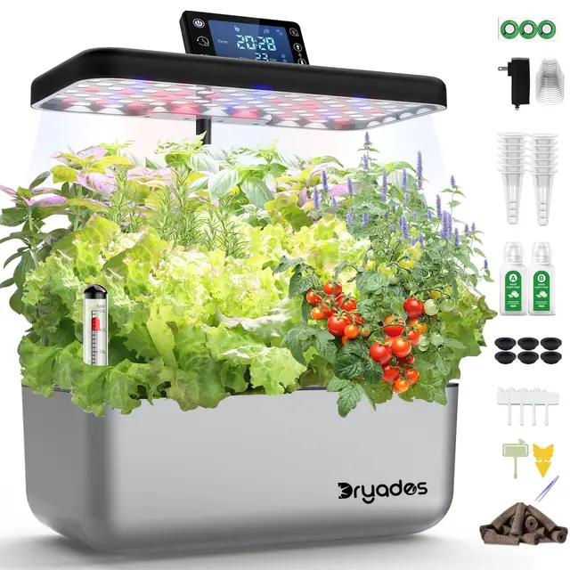 Hydroponisches Anzuchtsystem Kit 12 Kapseln, Smart Herb Garden mit 24W Vollspektrum-LED-Wachstumslicht, Indoor-Garten-Pflanzgefäß für Zuhause/Büro/Schule (Silber)