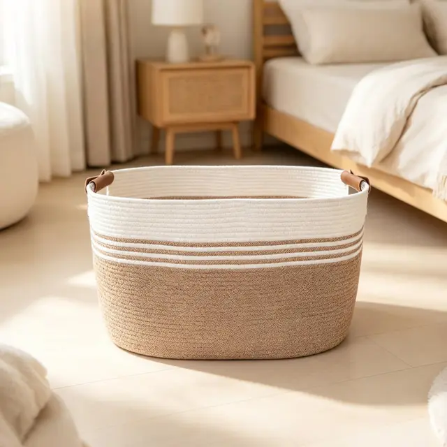 Wäschekorb Geflochten 86L Wäschesammler Groß aus Baumwollseil,Aufbewahrungskorb mit Lederhenkeln,Korb für Decken, KleidungLaundry Basket für Wohnzimmer Waschraum 60 x 40 x 36 cm(Quadrat)