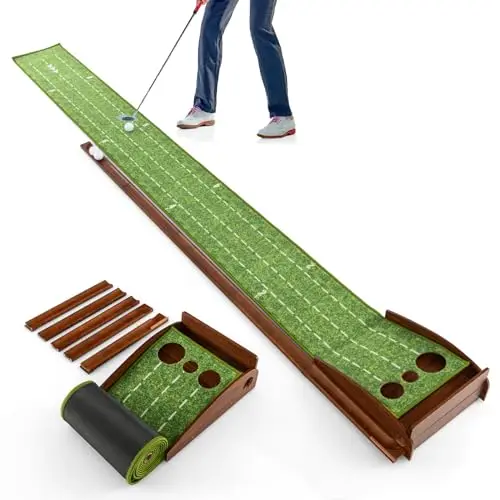 LIFEZEAL Golf Putting Matte, Golfmatte mit Löchern, Tragbarer Golf Übungsmatte mit automatischer Rückkehr, Golfübungsgeräte Golf Matte für den Innenbereich & Außenbereich