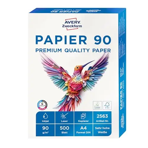 AVERY Zweckform 2563 Drucker-/Kopierpapier (500 Blatt, 90 g/m², DIN A4 Papier, hochweiß, für alle Drucker) 1 Pack