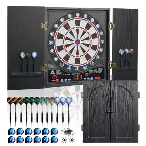 WIN.MAX Profi Elektronische Dartscheibe Set | Dartschrank mit LED-Anzeige & 211 Spielvarianten | Komplettset für Zuhause