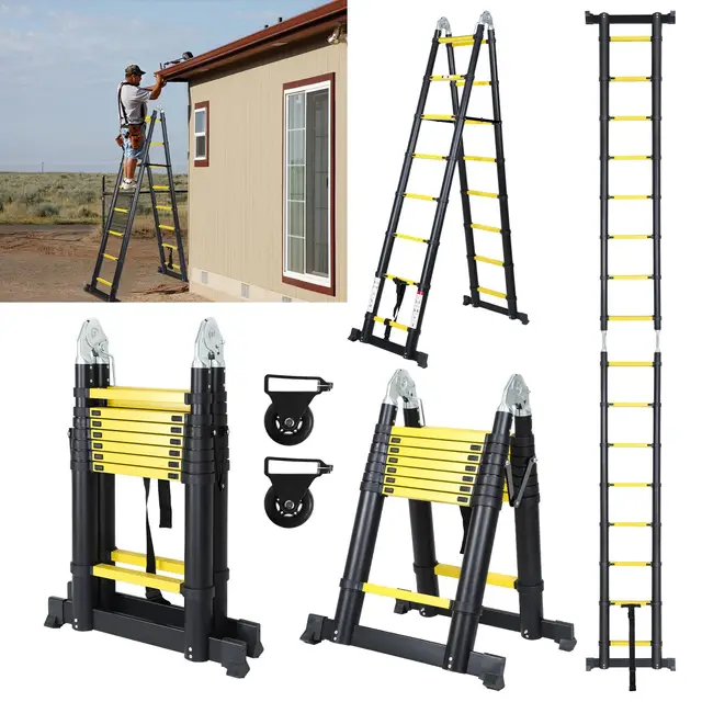Fiqops Teleskopleiter Mit Rädern, 5M (2,5+2,5) Rutschfester Aluminium Stehleiter, 150 kg/330 Pfund Belastbarkeit Ausziehbare Leiter, Aluminiumleiter mit Tragegriff, Mehrzweckleiter