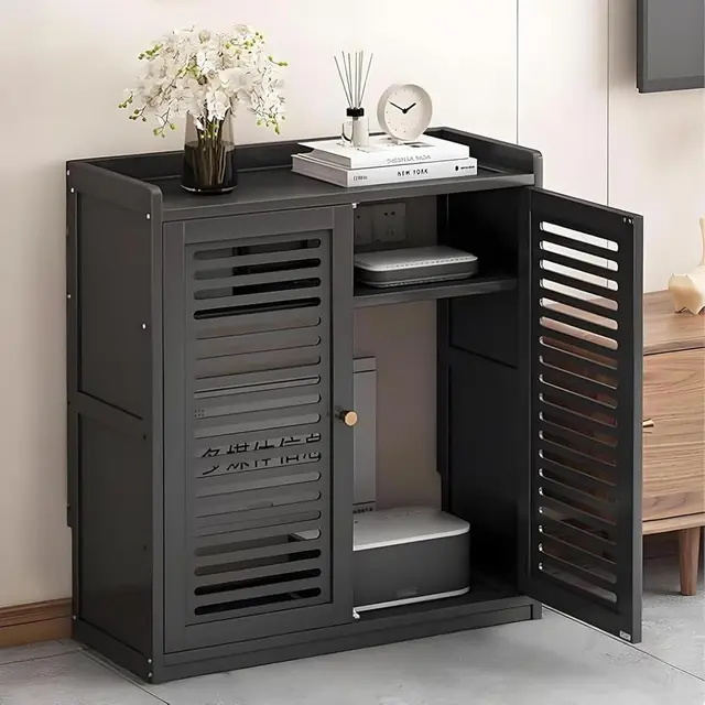 Aufbewahrungsbox für WLAN-Router aus Bambus, freistehender Schrank mit verstellbaren Einlegeböden und 2 Türen, Kabelmanagement-Lösung für Schlaf- und Wohnzimmer, Schwarz, 59 x 25 x 67 cm